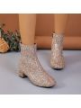 Women's Western Boots With Chunky Heels, Side Zipper And Golden Sparkling Decoration