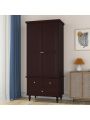 2-Door Wardrobe Closet with 3 Drawers, Armoire Wardrobe Closet with Hanging Rod, Bedroom Armoire Closet with Wooden Legs
