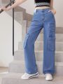 Teen Girls' Cargo Inspired Straight Leg Jeans With Wash Effects