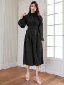 DAZY Ladies' Stylish Solid Color Soft Wind Chiffon Belted Bubble Sleeve Dress