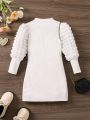 Girls' Knitted Fleece Plaid Sleeves Stand-Up Collar Long-Sleeved Casual Dress