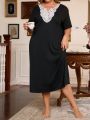 Plus Size Women's Casual O-Neck Lace Contrast Flower Embroidery Mid-Long Sleep Dress