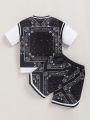 SHEIN Kids Cooltwn Young Boy Casual And Comfortable Print And Solid Color Spliced Top With Faux Sleeve Design And Colorblock Woven Tape Decoration Shorts Set