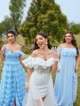 SHEIN Belle Off Shoulder Glittery Mesh & Sequin Patchwork Wedding Dress With Train