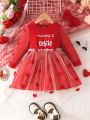 Toddler Girls' Long Sleeve Patchwork Heart Mesh Tulle Letter Dress With Matching Headband Accessory