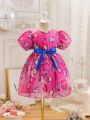 SHEIN Kids CHARMNG Young Girl's Summer New Simple Heart-Shaped Chiffon Printed Princess Dress