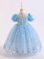 Little Girls' Romantic And Gorgeous Shiny Blue Bubble Sleeve Princess Tulle Dress