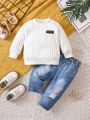 Boy's Baby Patch Detail Sweatshirt And Imitation Denim Printed Trousers Suit