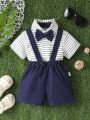 Summer Fashion Striped Short Sleeve Top And Overall Shorts Set For Baby Boys