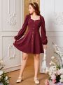 SHEIN Teenage Girls' Solid Color Corduroy Casual Dress With Diamond Embellished Collar And Lantern Sleeves