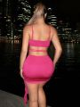 SHEIN SXY Valentine'S Day Ladies' Sexy Hollow Out Crisscross Strap Dress With Ruffle Hemline And Exposed Waistline, Pink Mini Dress