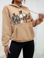 Women's Pumpkin Letter Print Drawstring Hooded Sweatshirt