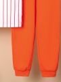 SHEIN Kids SPRTY Big Boys' Loose Sports Hooded Patchwork Pattern Sweatshirt And Sweatpants Two-piece Set
