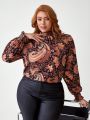cha5rlie Plus Size Shirred Blouse With Notch Collar And Cuffs, All Over Print Design
