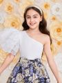 SHEIN Tween Girls' Slim Fit Gorgeous Ruffle One Shoulder Two Piece Outfit