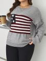 SHEIN LUNE Women's Plus Size Flag Pattern Round Neck Drop Shoulder Sweater