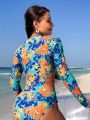 SHEIN Swim SPRTY Women's Floral Printed Long Sleeve One-Piece Swimsuit