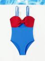 Young Girl Color Block Hollow Out Skinny Strap One-Piece Swimsuit