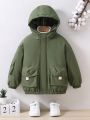 Boys' Detachable Hood Thickened Coat With 3d Pockets, Winter