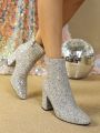 2023 Autumn & Winter New Fashion Pointed Toe Women's Shoes With Sequins, Chunky Heels, Rhinestones, Side Zipper And Short Plush Lining, Silver Motorcycle Boots, Performance Crystal High Heels