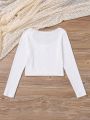 SHEIN Teen Girls' Knitted Ribbed Lace Splice U-neck Long Sleeve T-shirt