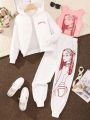 SHEIN Kids EVRYDAY 3pcs/Set Tween Girls' Letter Print Hoodie, Character Print Vest And Long Pants Outfits