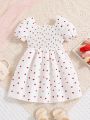 SHEIN Kids QTFun Little Girls' Lovely Puff Sleeve Dress With Heart Print And A-line Skirt, Perfect For Spring/summer