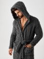 Men Pocket Patched Hooded Belted Lounge Robe