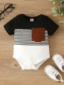 Infant Boys' Simple Round Neck Color Block Striped Print Short Sleeve Bodysuit With Patch Pocket For Casual And Cute Spring And Summer Styles