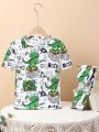 SHEIN Tween Boys' Casual Round Neck Printed Short Sleeve T-shirt And Shorts Home Outfit Set