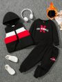 SHEIN Kids EVRYDAY 3pcs/set Boys' Thickened Leisure Hooded Tank Top & Round Neck Patterned Sweatshirt & Sports Pants Suit With Color Block Design