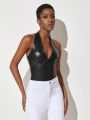 Janis Chow Women'S Backless Halter Pu Leather Jumpsuit