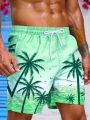 Manfinity Swimmode Men's Drawstring Waist Coconut Tree Printed Beach Shorts With Pockets