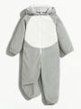 SHEIN Kids QTFun Toddler Boys' Lovely Comfortable Animal Embroidery Design 3d Shaped Hat With Color Block Jumpsuit And Plush Pants