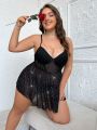 Plus Size Lace, Sequin And Mesh Sexy Lingerie Dress With G-String
