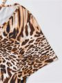 SHEIN LUNE Plus Leopard Print O-ring Detail Halter Neck Tee