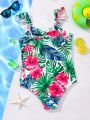SHEIN Tween Girls' Casual Knit Tropical Print One Piece Swimsuit With Flutter Sleeves