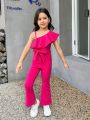 SHEIN Kids HYPEME Young Women's Urban, Fashionable Knitted, Solid Color, Asymmetrical Collar, Jumpsuit With Pants, For Spring/Summer