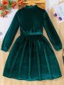 Tween Girls' Velvet Stand Collar Ruffle Trim Dress