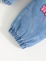SHEIN Baby Girls' Blue Bear Letter Print Y2k Denim Pants With Cute Pink Details