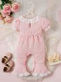 Baby Girl Knitted Jacquard Texture Comfortable Casual Jumpsuit With Lace Trim For Holiday