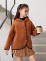 SHEIN Kids EVRYDAY Big Girls' Knitted Solid Color Plush Hooded Loose Casual Cardigan