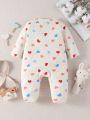 SHEIN Baby Girls' Heart Pattern Button-front Sleepsuit With Feet Cover