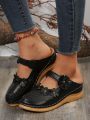 Women's Black 6-petal Flower Wedge Heel Thick Sole Shoes