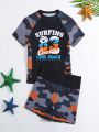 Big Boys' Camouflage Printed Swimsuit With Raglan Sleeves, Two Pieces