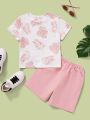 SHEIN Kids SUNSHNE Young Boy Casual Tropical Plant Print Short Sleeves T-Shirt And Shorts Two-Piece Set