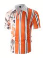Men's Casual Fashionable Floral Striped Polo Shirt With Turn-Down Collar And Zipper
