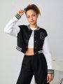 Teen Girl Letter Patched Striped Trim Drop Shoulder Crop Varsity Jacket