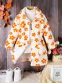 SHEIN Kids EVRYDAY Young Girl 1pc Floral Pattern Dual Pocket Teddy Coat