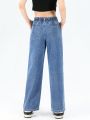 Teen Girls' Vintage Elastic High Waist Loose Fit Soft And Comfortable Wide Leg Denim Pants With Pleated Hem